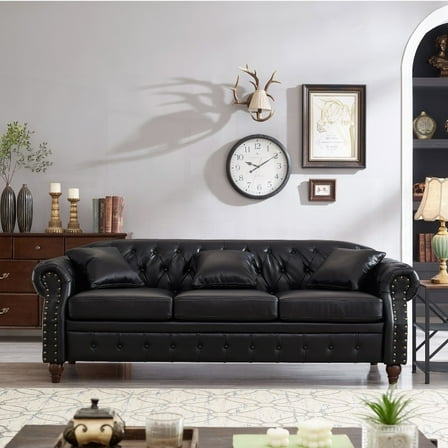 85.8" Living Room Chesterfield Sofa - Classic Design, Faux Leather PU, & Storage Space (Black)