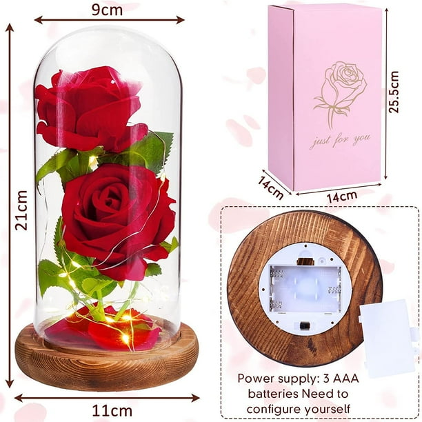Rosa Eterna En Cúpula De Cristal Con Luz LED - Regalo Romántico Para Ella, Inspirada En La Bella Y La Bestia, Base De Madera Con Tarjeta