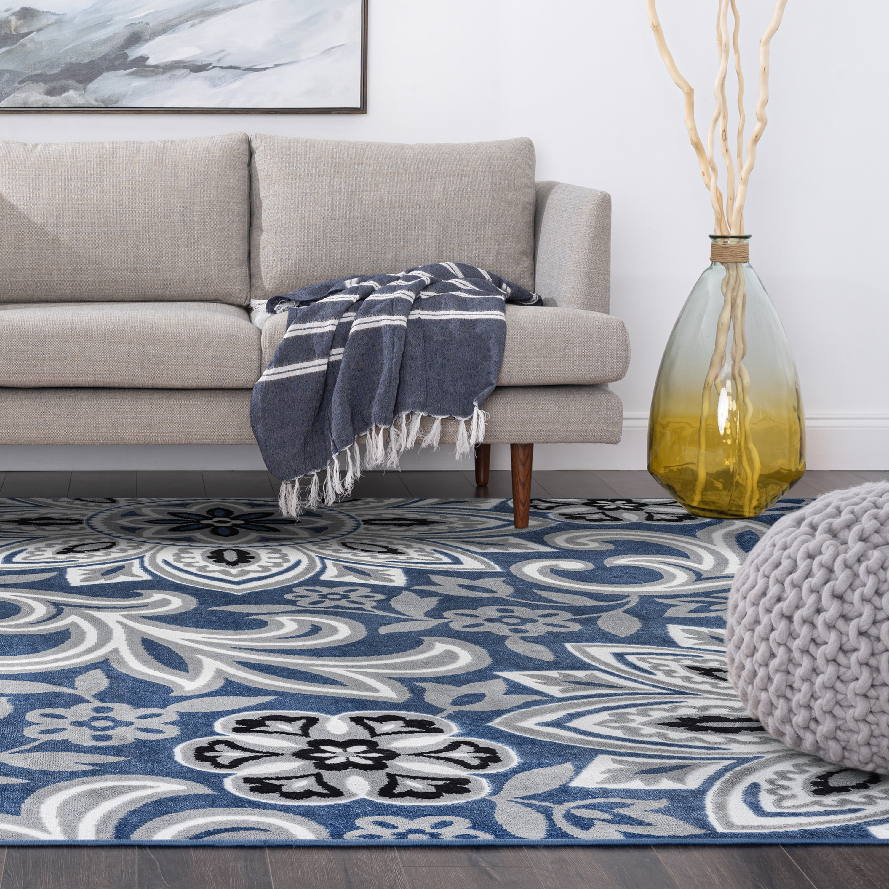 Transitional 9x12 Area Rug (8'10'' x 12'2'') Floral Blue, White Living Room Easy to Clean