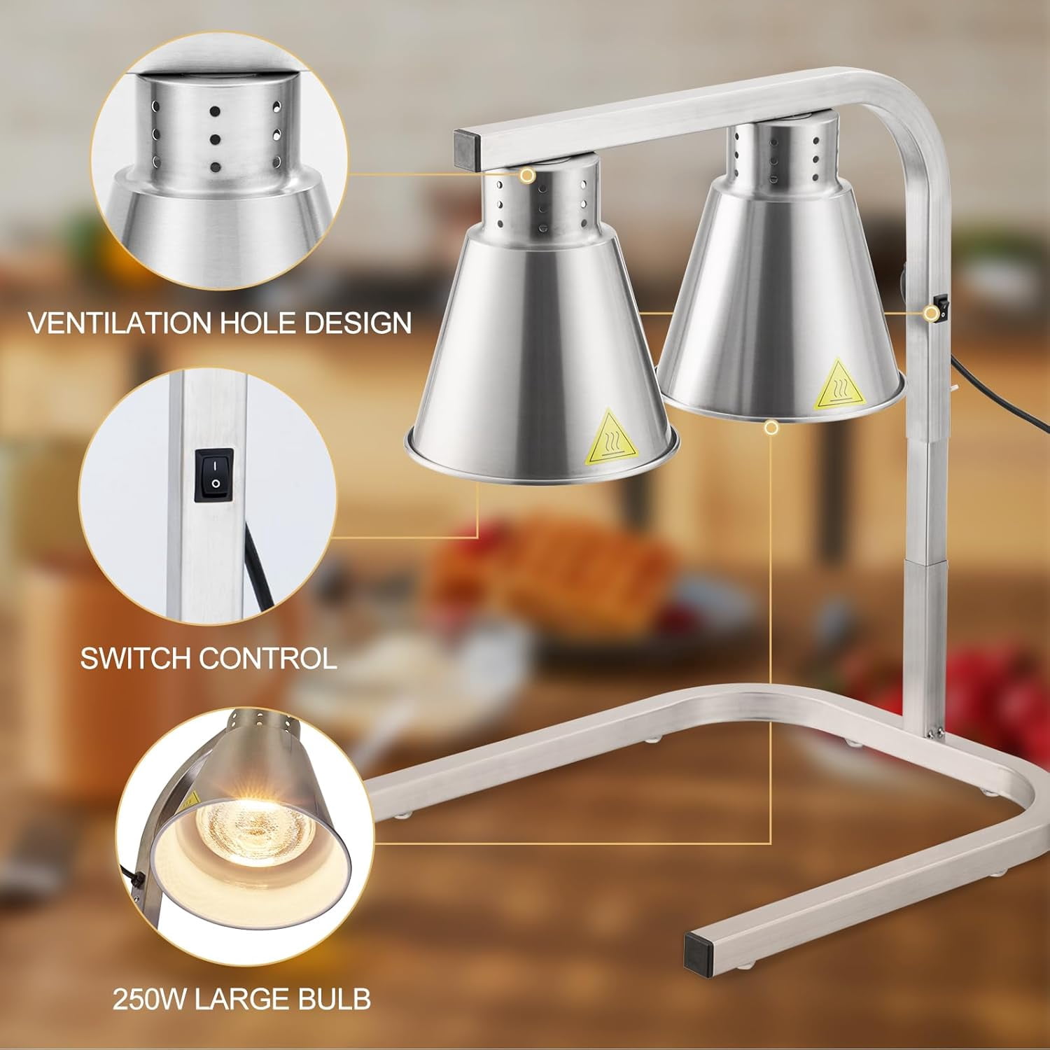 Single Bulb Food Heat Lamp – Stainless Steel Buffet Warmer, Commercial Grade, Adjustable Gooseneck