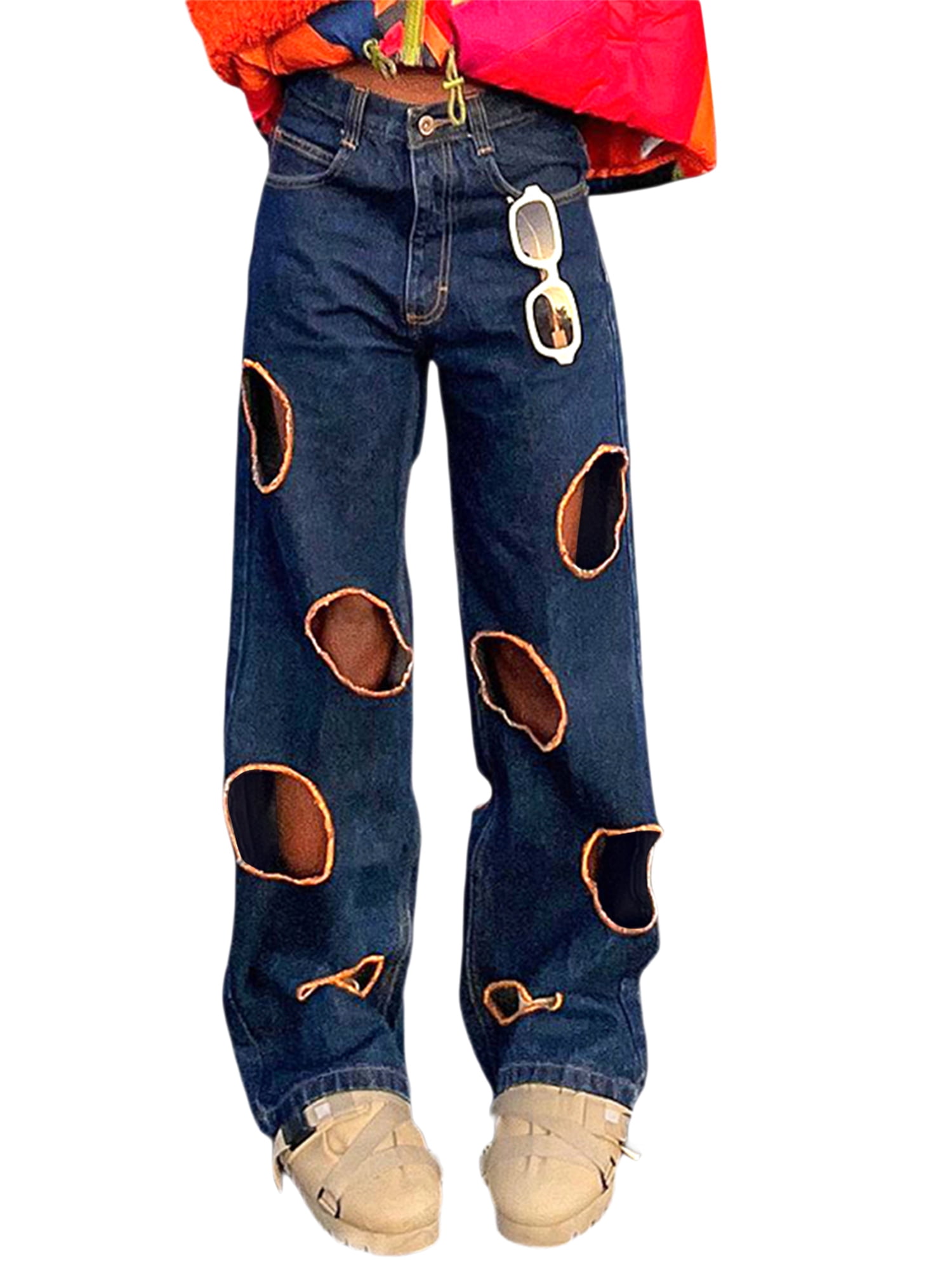 Women Fashion Ripped Jeans Solid Color 