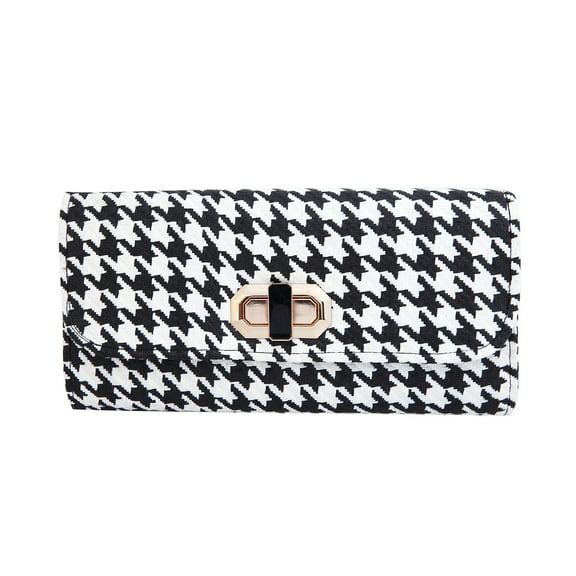 Classic Houndstooth Turnlock Flap Straw Clutch Bag Handbag