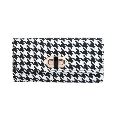 Classic Houndstooth Turnlock Flap Straw Clutch Bag
