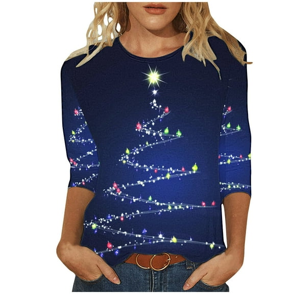 Otvok Christmas Blouse Woman Casual Round Neck Printed 3/4 Sleeve T-Shirt Summer