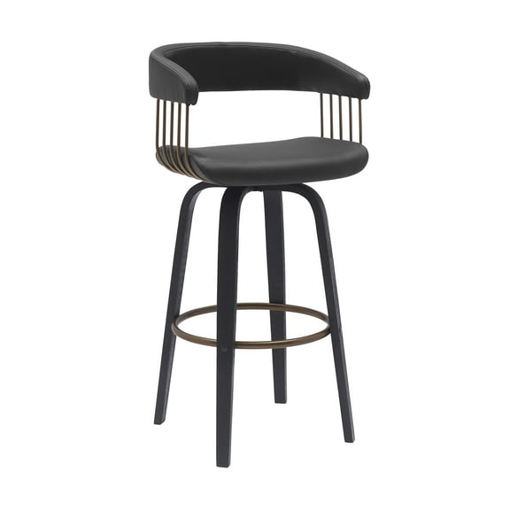 Topanga 26" Swivel Black Wood Counter Stool in Black Faux Leather with Golden Bronze Metal