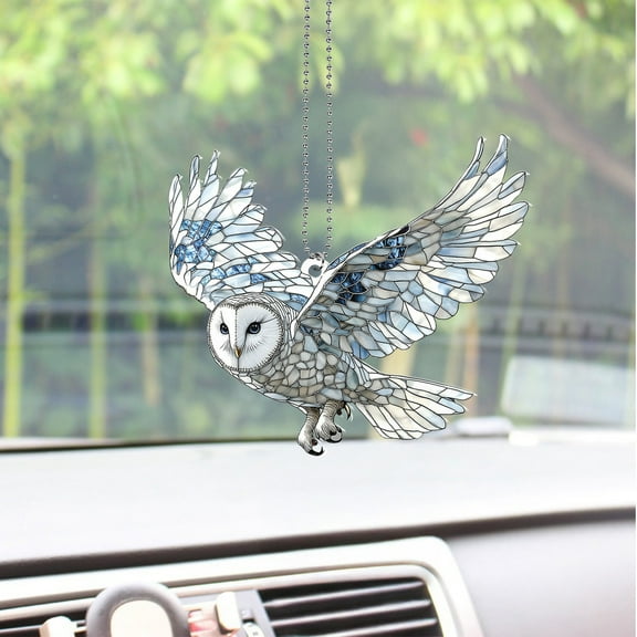 Flying White Owl Ornaments Car, Acrylic Car Decoration, Elegant Rearview Mirror Hanging, Unique Gift for Dad or Mom, Window Hanging Ornament, Owl Car Accessory