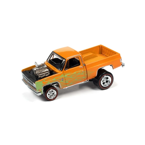 1981 Chevy Silverado 10 Fleetside, Orange w/Green Flames - Johnny Lightning JLSF021/48B - 1/64 Scale Diecast Model Car