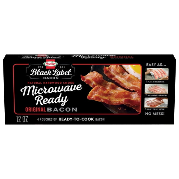 HORMEL BLACK LABEL Microwave Bacon, Gluten Free, Refrigerated, 12 oz Cardboard Box (4 Pouches)