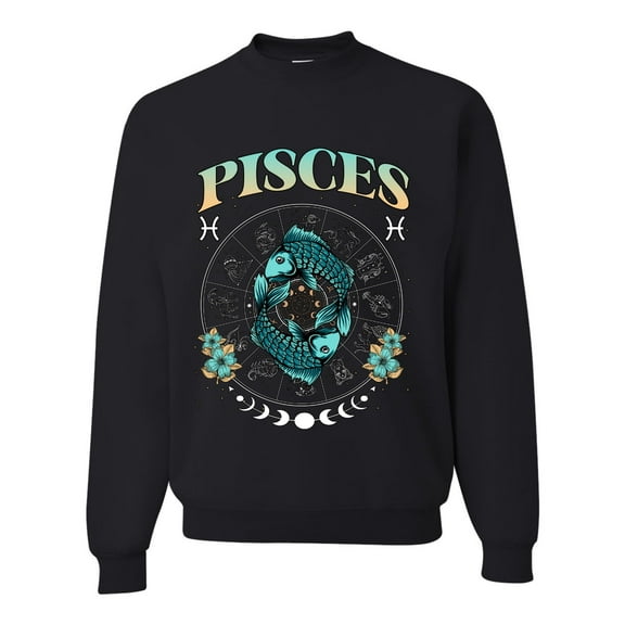 Wild Bobby Pisce Two Fish Fishes February 18 March 20, Water Sign, Constellations Horoscope Zodiac Birthday Birth Month Stone Gift for Men Women Unisex Crewneck Sweatshirt