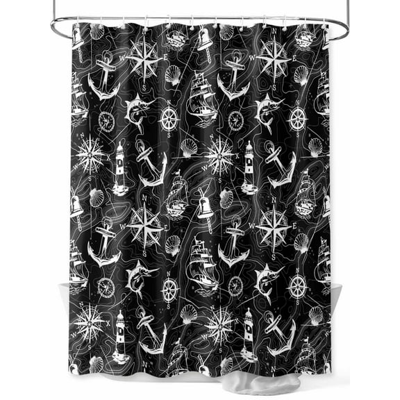 Shower Curtain Black Anchor Sailboat Bathroom Curtains with Hooks, Waterproof Fabric Nautical Ocean Compass Map Bath Shower Curtains Set for Bathroom Bathtubs Decor 36x72 Inch