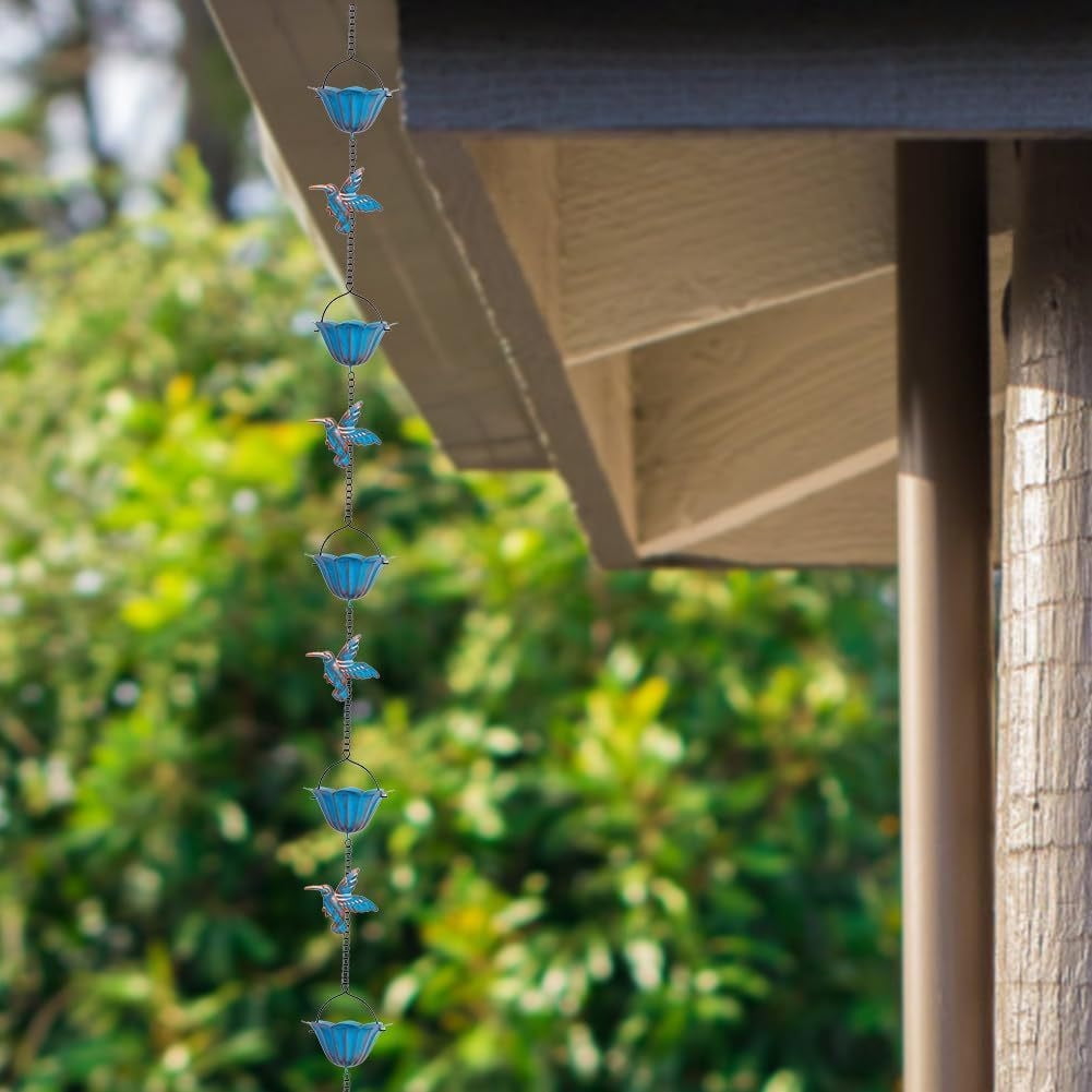 FHBVT 8.5FT Copper Rain Chain for Gutters Hummingbird Design with Bells Easy Hanging Installation Soothing Water Sound Outdoor Eaves Drainage Tool Garden Patio Yard Decor Housewarming Gift
