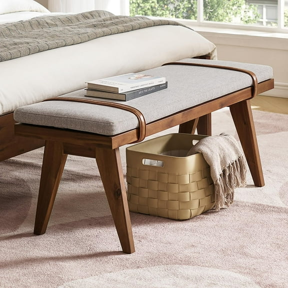 mopio Ted Mid-Century Modern End of Bed Wood Bench, Entryway Shoe Bench with removable fabric cushion for bedroom, indoor dining room, hallway