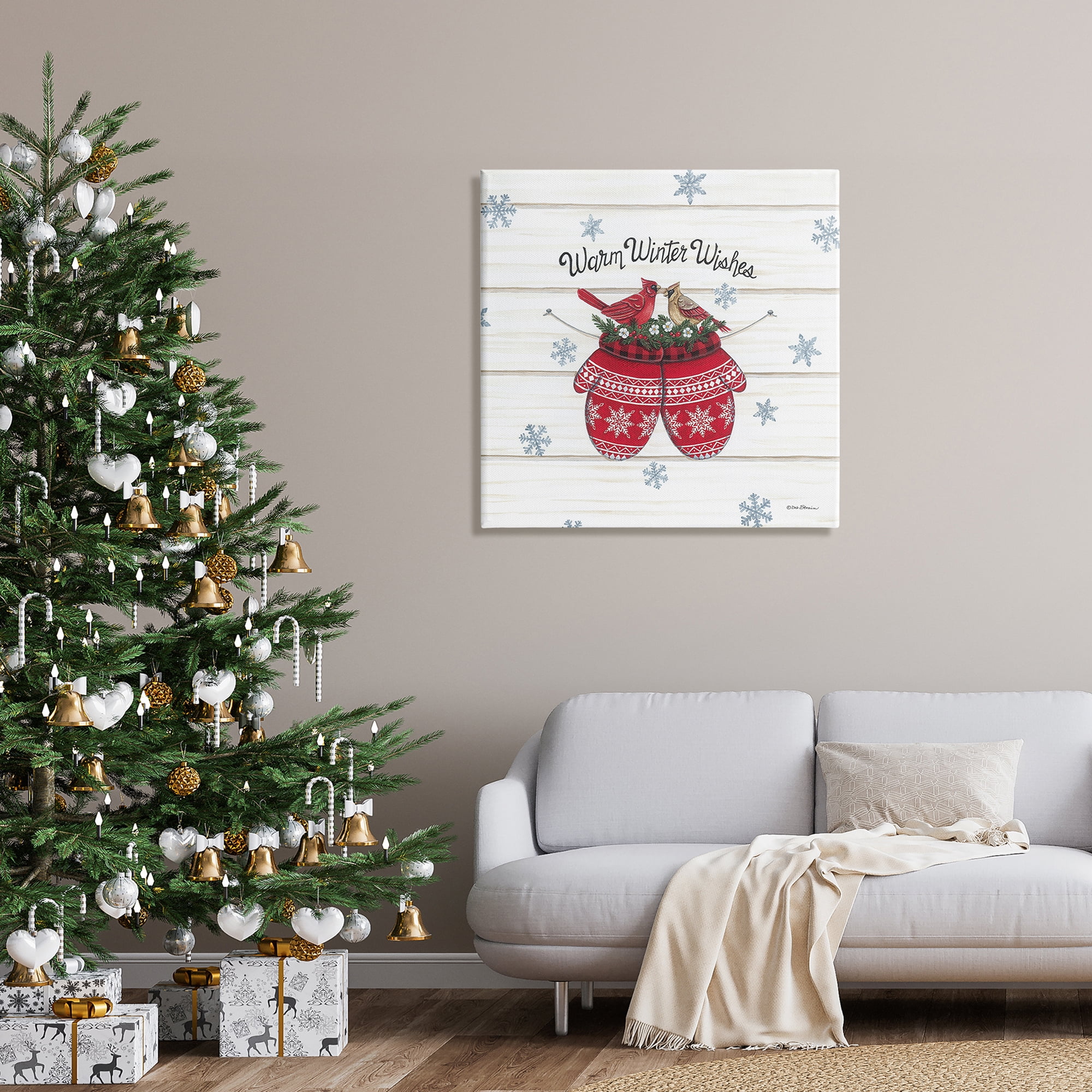 Warm Winter Wishes Cardinals Perched Festive Mittens Inspirational Graphic Art Gallery-Wrapped Canvas Print Wall Art