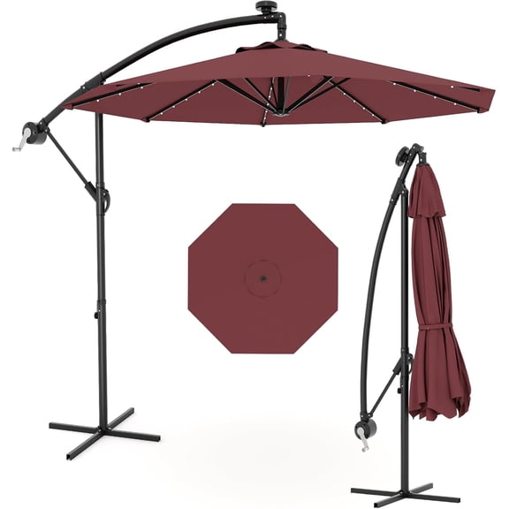 10FT Offset Patio Umbrella with Solar Lights, 32 LED Lights Patio Umbrella with Infinite Tilt and Cross Base for 2-6 People, Fade Resistant Canopy for Deck Pool Garden Backyard, Wine Red