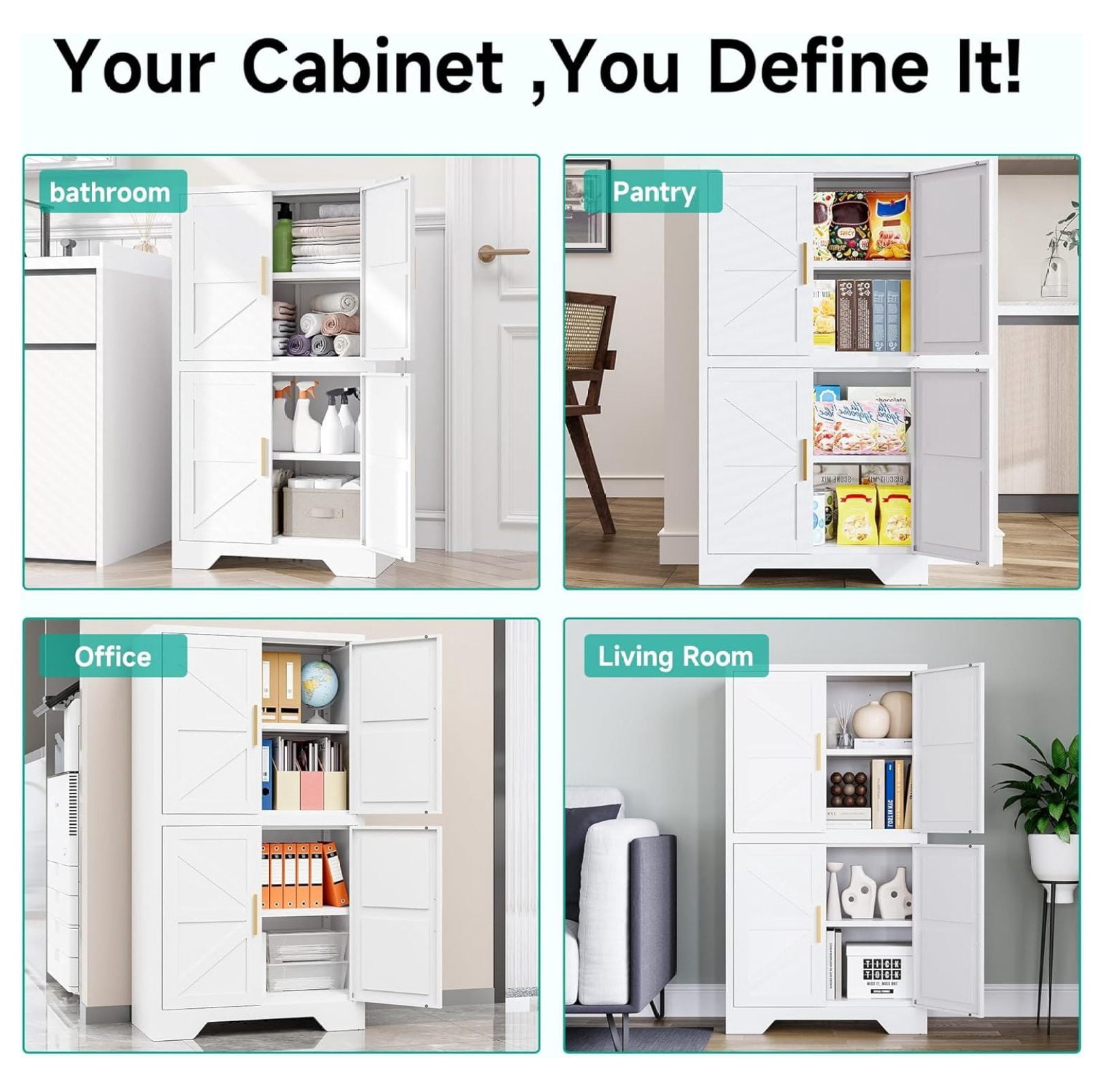 White Storage Cabinet with 4 Doors and 2 Adjustable Shelves,Farmhouse Food Pantry Cabinets,Small Bathroom Cabinet,4 Tier Metal Storage Cabinets for Home Kitchen,Dining/Living/Laundry/Room