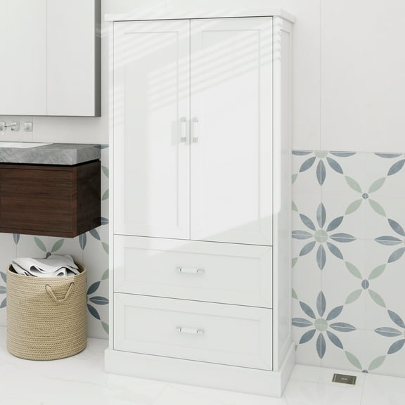 Tall Bathroom Storage Cabinet, Cabinet with Two Doors and Drawers, Adjustable Shelf, MDF Board, White