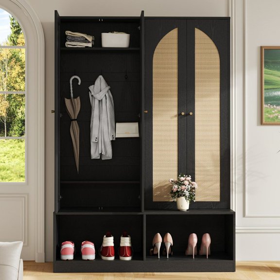 LUMAMIN Hall Tree with Bench and Storage, Farmhouse Boho 4-in-1 Entryway Bench with Coat Rack, 4 Rattan Doors, 6 Hooks & Adjustable Shelves, Black