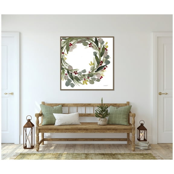 Kate and Laurel Framed Canvas Wall Art Print 'Loose Christmas Wreath' by Patricia Shaw, 30 x 30 Sylvie Dark Gold Frame, Whimsical, Holiday Art for Wall Decor