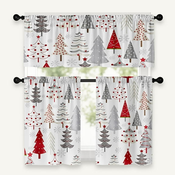 Merry Christmas Kitchen Curtains 24 Inch Length,Christmas Trees Theme Home Curtains 3 Piece Set, White Kitchens Window Curtains and Valances Over Sink for Xmas Kitchens Decoration