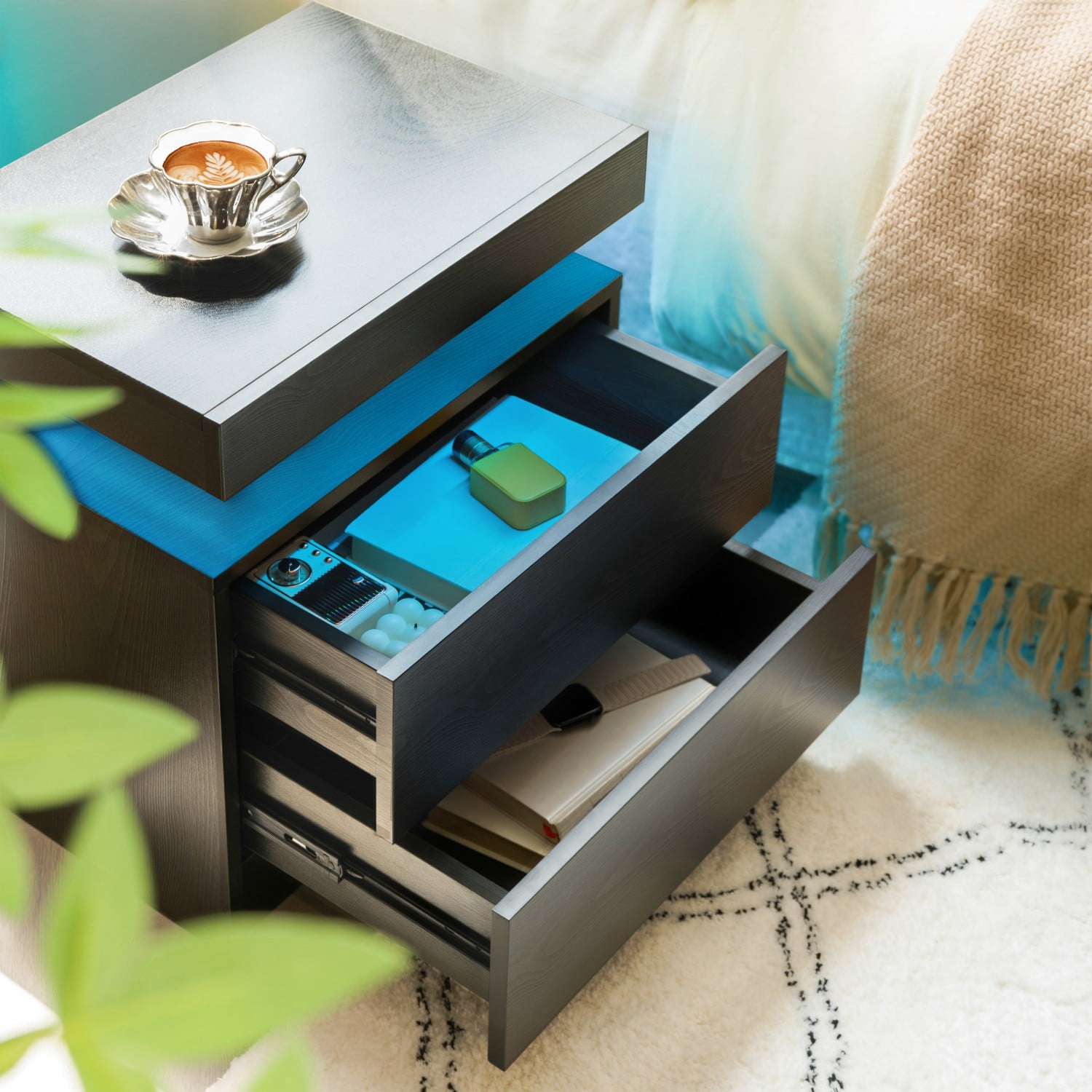 Nightstand with LED Lights, Modern Bedside Table with 2 Drawers and Open Storage, Adjustable RGB Light End Table for Bedroom Living Room Office, Black Woodgrain
