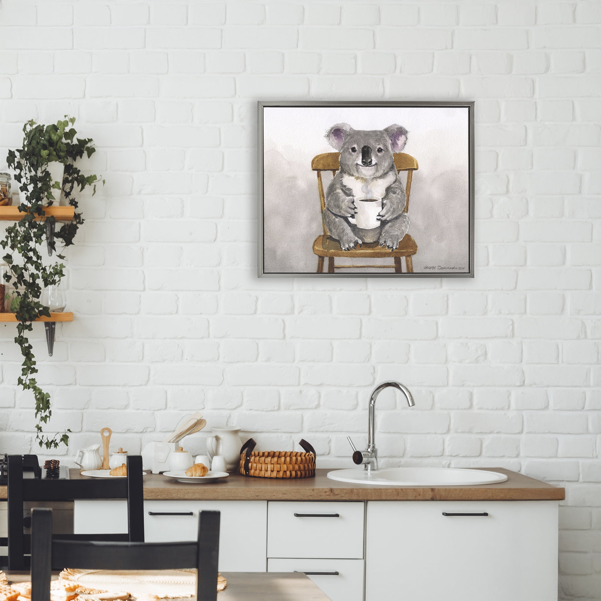 Stupell Industries Koala with Coffee Mug Gray Framed Floater Canvas Wall Art, design by George Dyachenko
