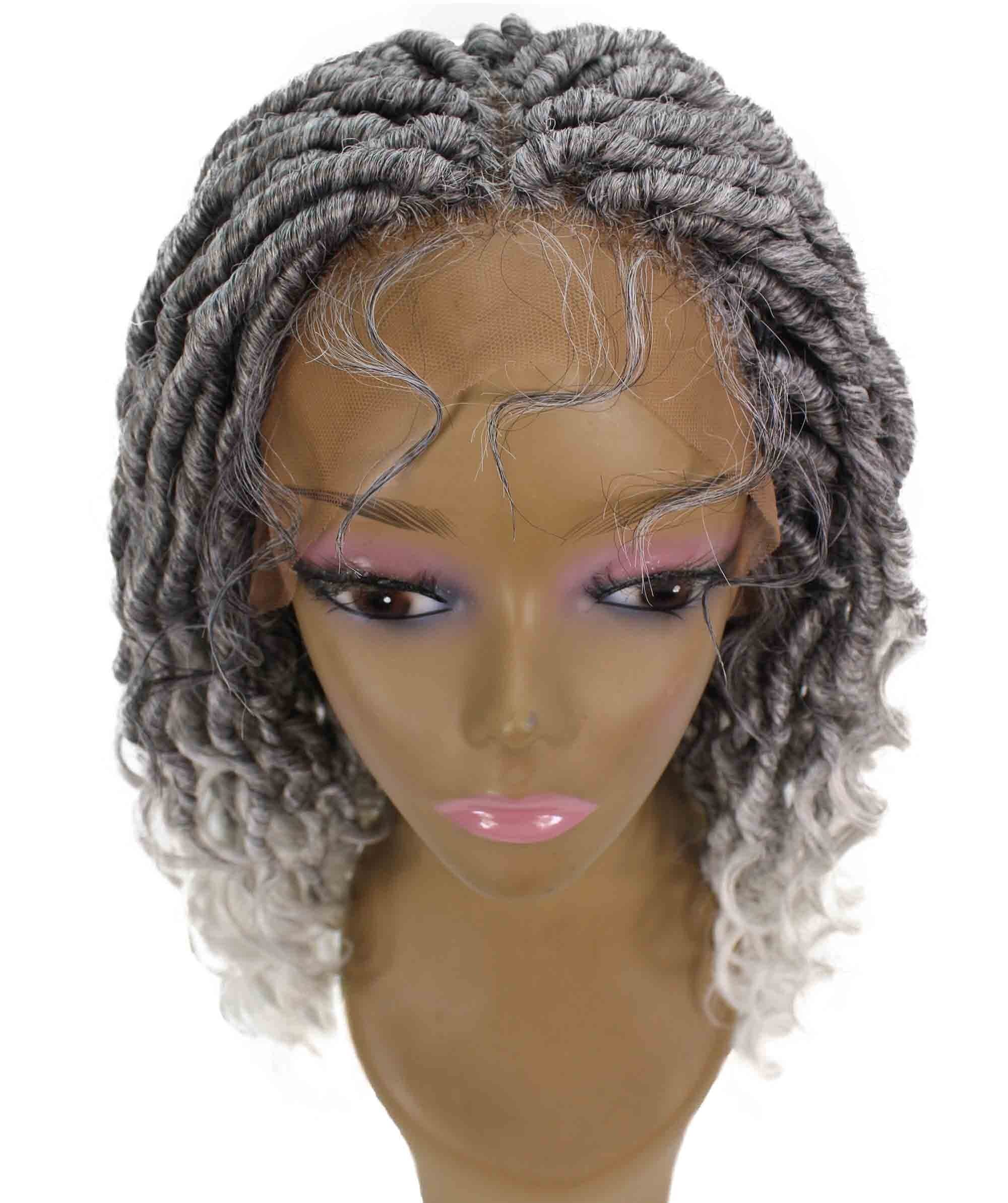LUXLUXE Andrea Curly Long 4X4 Hand Tied Lace Braid Braided Wig, Beauty Heat Resistant Fiber, Black To White Ombre