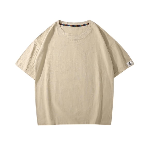 SELONE Linen Shirts for Men Short Sleeve Vintage Tops Crew Neck Tee T Shirt Loose Soild Summer Pullover Beige 2XL