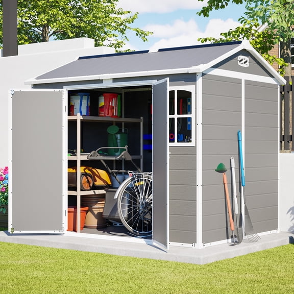 LZBEITEM 8' x 6' Outdoor Resin Shed with Floor, Garden Plastic Storage Shed Durable, Heavy Duty Lockable Door & Window for Backyard
