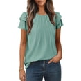 thumbnail image 2 of fatyb T-Shirts à Manches Courtes à Volants pour Femmes, Col Rond Plissé, Blouses Habillées Décontractées, T-Shirts Amples Unis, 2 of 7