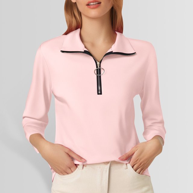 MHFRRA Camiseta de Manga Larga de Color Liso con Media Cremallera, Moderna e Informal, para Mujer Rosa