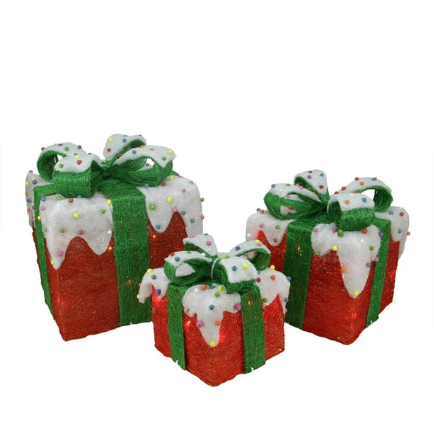Set of 3 Red Lighted Snow and Candy Covered Sisal Gift Boxes Christmas ...