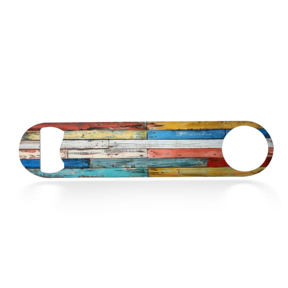 Flat Bottle Opener Heavy Duty Stainless Steel Bottle Opener Beer Flask Tools ​for Kitchen Bar Restaurant, 7 Inch - Weathered Multicolored Wooden Planks