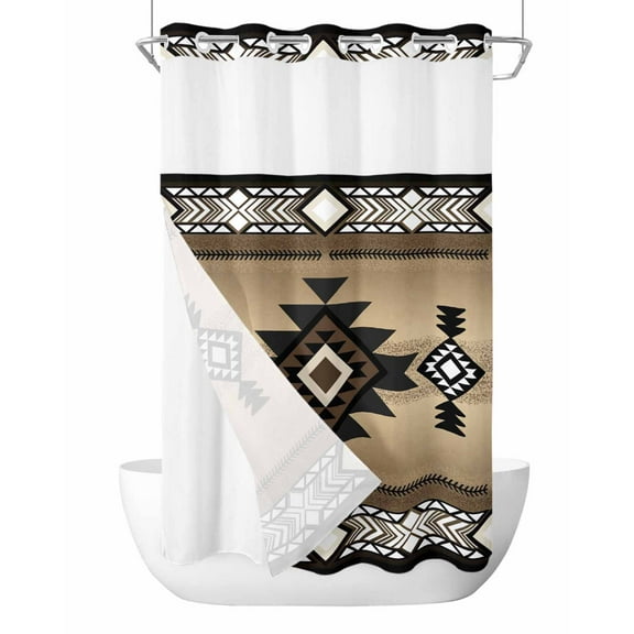 No Hook Cloth Fabric Shower Curtain with Snap in Liner, Brown Southwest Waterproof Shower Curtains Set with See Through Top Window, Farmhouse Boho Aztec Geometric Neutral Bath Curtains Shower 54"x78"
