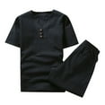 thumbnail image 2 of Men's 2 Piece Set Summer Holiday Outfits Button Short Sleeve Henley Shirts and Casual Beach Shorts Black XXL, 2 of 3