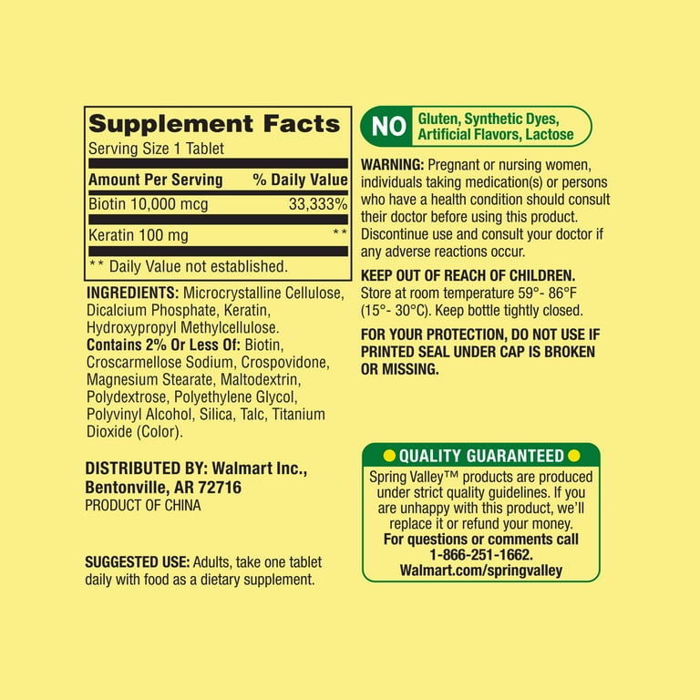 Spring Valley Extra Strength Biotin Plus Keratin Tablets Dietary Supplement, 10,000 Mcg, 60 Count