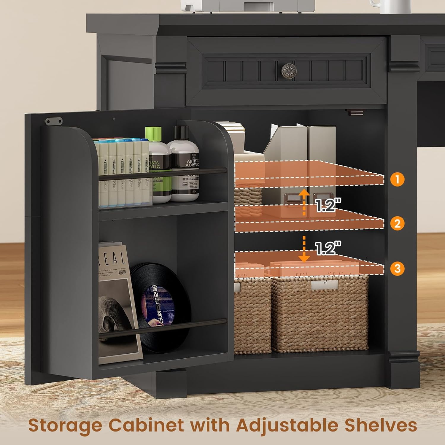SEDETA Large L Shaped Desk with 4 Wood Drawers, 67"x 67" Executive Desk with File Drawers & Storage Cabinet, Farmhouse Corner Computer Desk with Power Strip for Home Office, Black