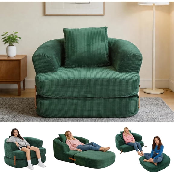 Garvee 3-in-1 Memory Foam Folding Sofa Bed, Convertible Sleeper Chair with Washable Cover, Boneless Floor Futon with Back Support for Home, Dorm & Apartment, Green