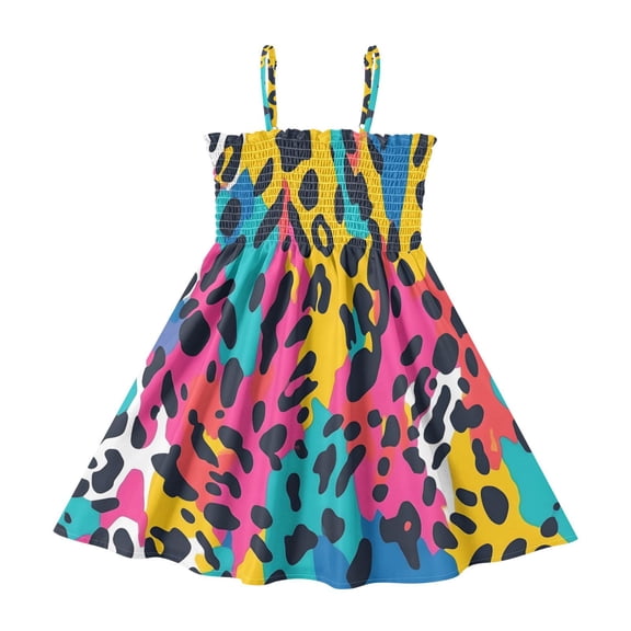 Rainbow Color Leopard Print Girls' Casual Dresses 2Y-8Y Sleeveless Ruffle Neck for Summer Daily Wear