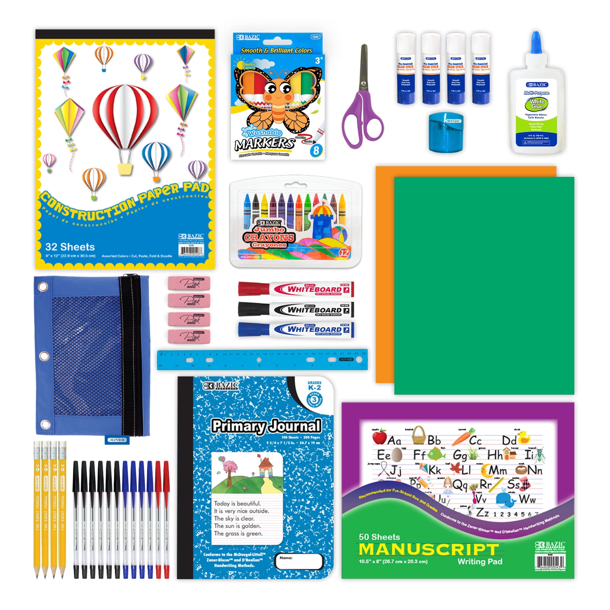 BAZIC Primary School Kit Bundle Box 57 Count for Kindergarten Elementary Student K-6 Grades, Bazic Products School Supplies Composition Book Pencil and more, SPEC or COLOR MAY VARY, 1-Pack