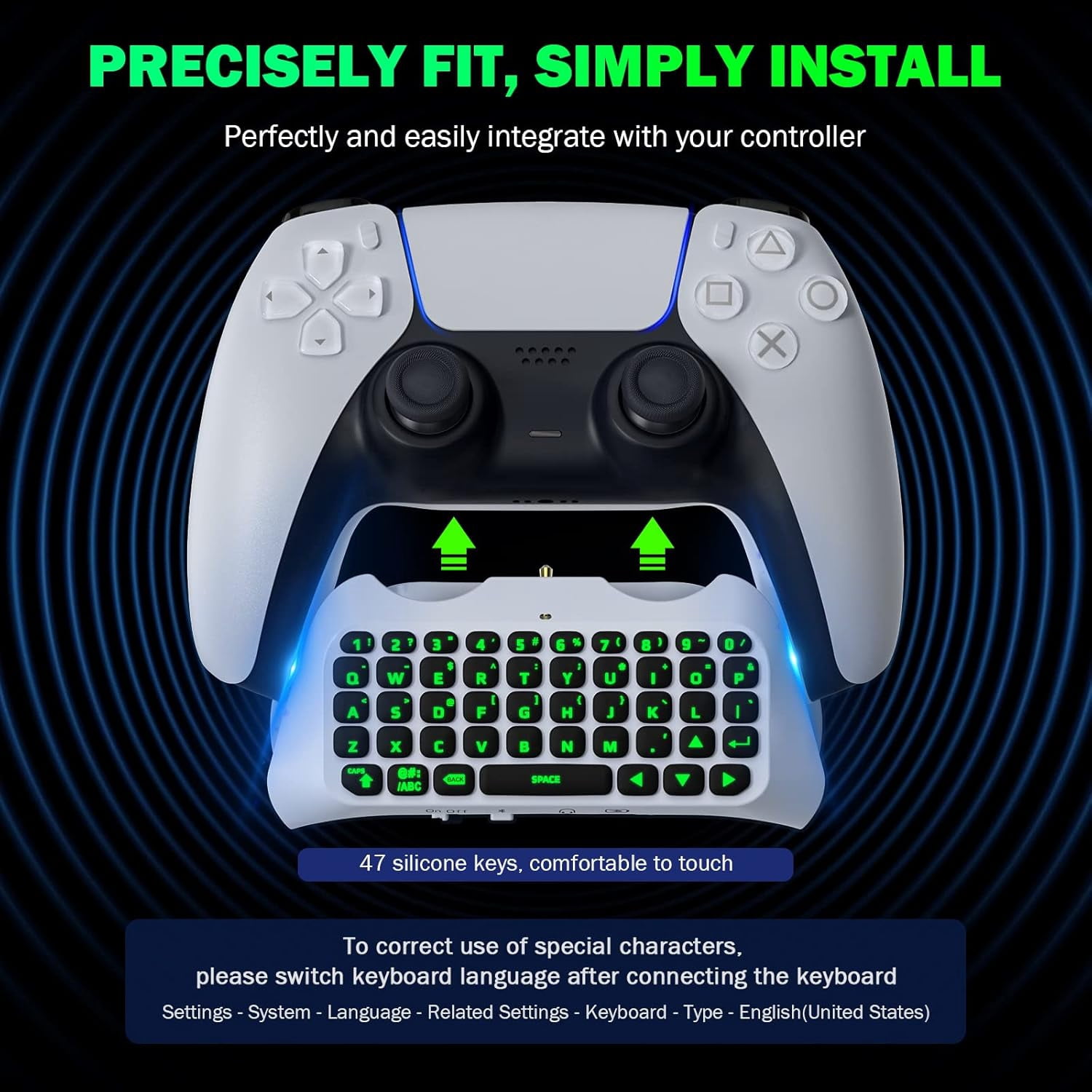 Bluetooth 3.0 Wireless Keyboard With Green Backlight for PS5 Controller,Mini Portable Gamepad Chatpad with Built-in Speaker&3.5MM Audio Jack, Voice Chat Board for Messaging&Gaming Live Chat,white
