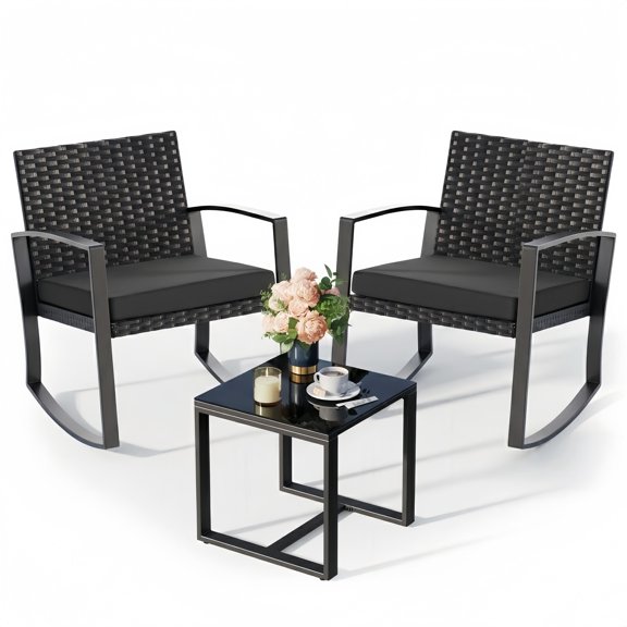 Noelse 3 Piece Wicker Rocking Chair Set, Outdoor Patio Furniture with Table and Cushions for Balcony, Black