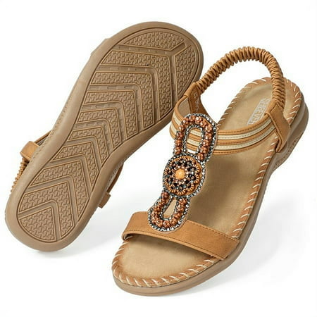 

Casual Boho Flat Sandals for Women Comfortable Summer Beach Rhinestone Beaded Ankle Strap Shoes