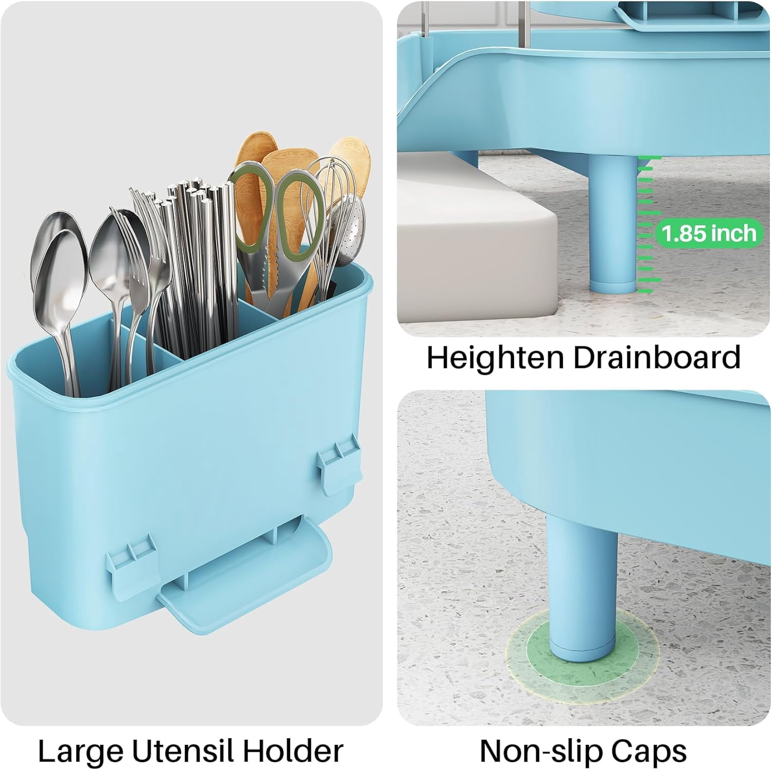 Dish Drying Rack - Expandable Dish Rack for Kitchen Counter, Rust-Resistant Dish Drainer with Utensil Holder and Raised Guardrail, Kitchen Organizer for Cup and Bottle (Blue)