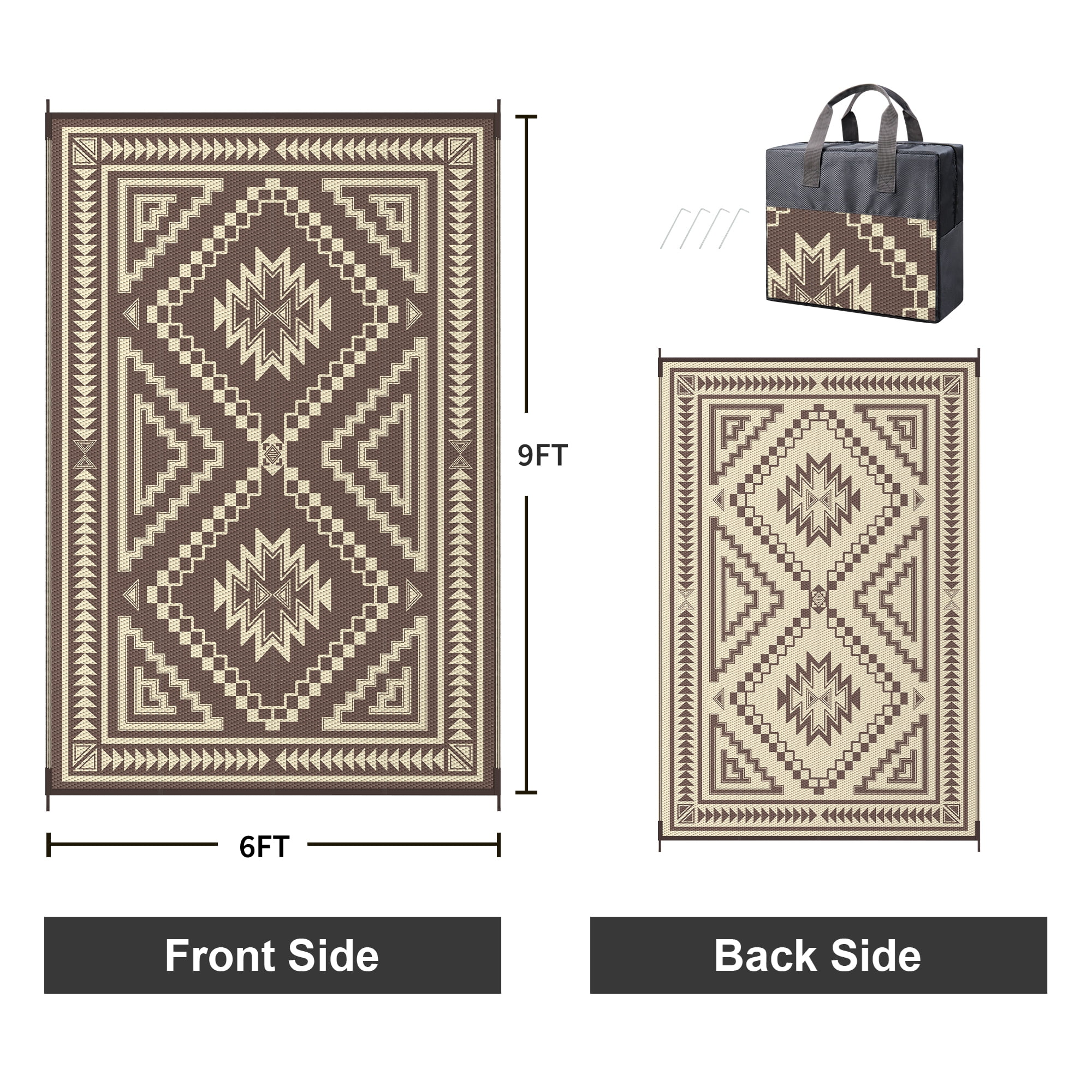 KUETH 6' x 9' Outdoor Rug Waterproof for Patio Carpet Plastic Reversible Straw Outdoor Rug for Camping Picnic Geometric Mat ,COFFEE&BEIGE