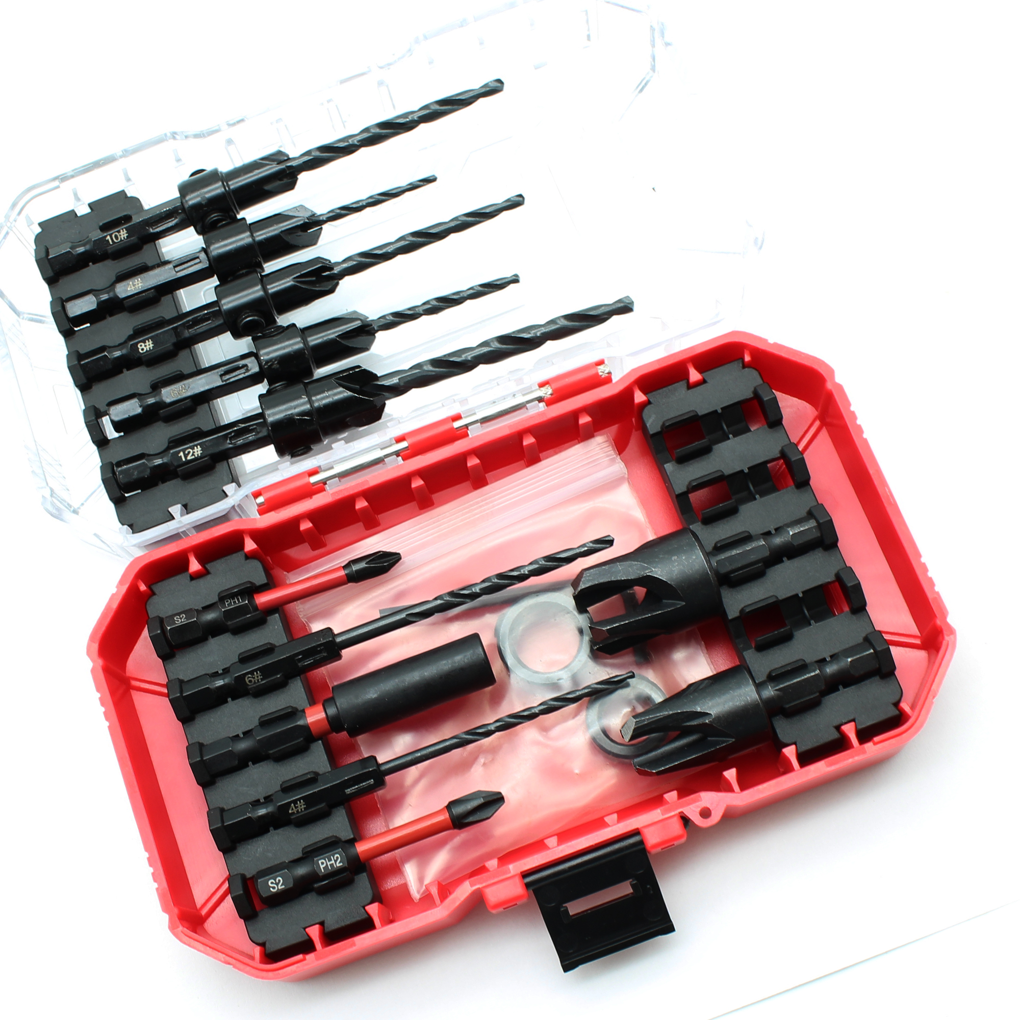 TMAX 15pc Countersink Drill Bit Set for Screws,Tapered Drill Bits with 2pc Wood Plug Cutter and 2pc Phillips Screwdriver bits, 1/4 Inch Hex Shank for Woodworking