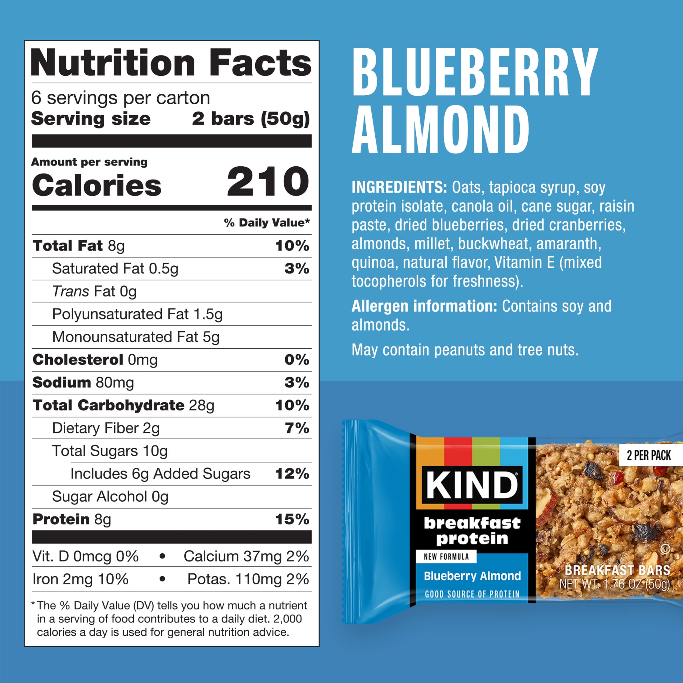 KIND Blueberry Almond Breakfast Protein Bars, 6-Count, 1 Cardboard Box