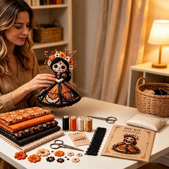 Butterfly Soul Patchwork Doll DIY Sewing Kit, Sugar Skull Cloth Doll Making Supplies with Fabrics & Accessories, Handcraft Starter Set for Halloween Art Craft Gift 7.87in