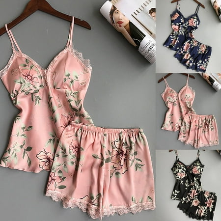 - 2pcs Women Sexy Satin Lace Sleepwear Babydoll Lingerie Nightdress Pajamas Set