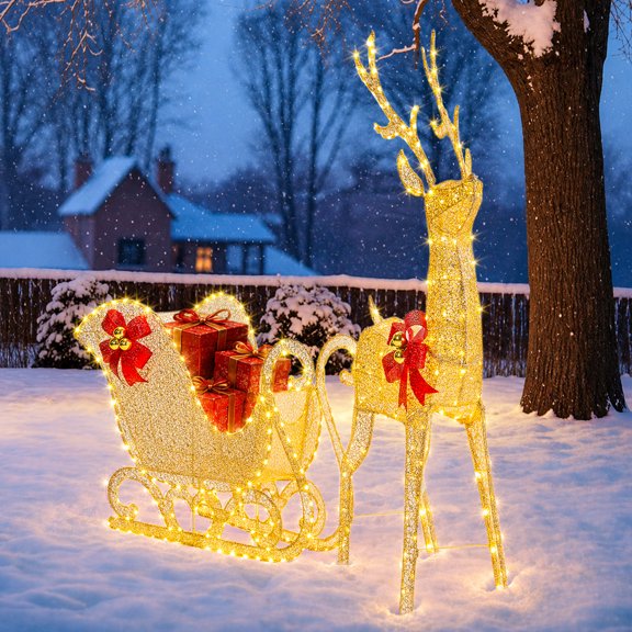 UBesGoo Outdoor Yard Decoration Set Christmas Reindeer and Sleigh with LED Light