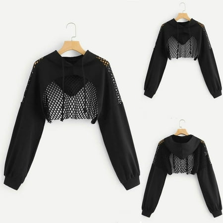 

Simplmasygenix Hoodies for Women Plus Size Women Solid Cutout Mesh Insert Cropped Hoodie Sweatshirt Long Sleeve Crop Top